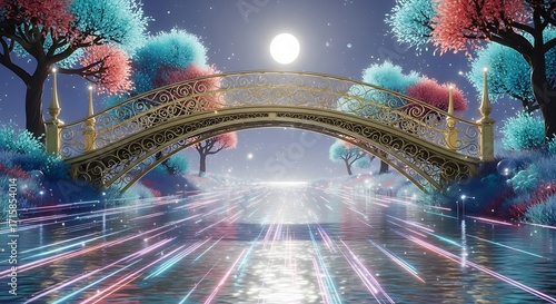 A magical bridge arches over a glowing river under moonlight