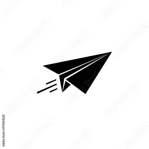 Black Paper Airplane Silhouette with Speed Lines, Isolated on White