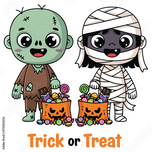 Cute zombie and mummy trick or treat vector illustration Halloween