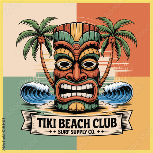 Tiki mask illustration with palm trees, ocean waves, and tropical retro design in vintage Hawaiian surf culture beach style art