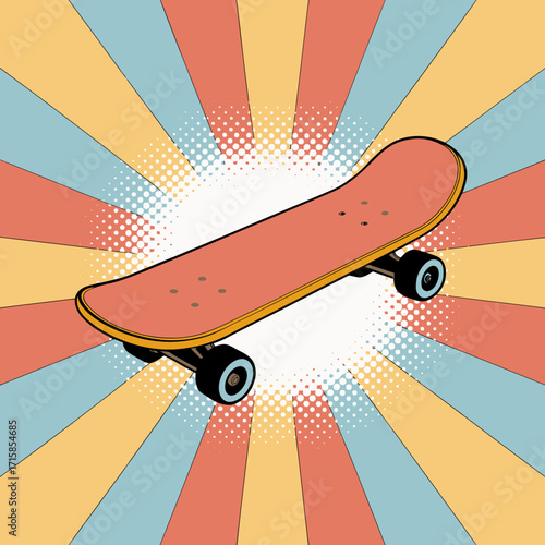 Retro Skateboard Illustration with Pop Art Background Design for Skateboarding Culture and Urban Lifestyle Enthusiasm