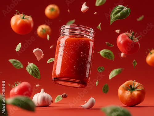 Fresh tomatoes and basil create a vibrant scene featuring a jar of homemade sauce against a bold red backdrop