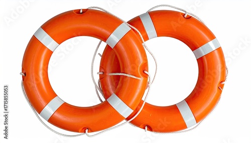 Wallpaper Mural Two interconnected bright orange life preservers with white stripes, tied together, against a white background Torontodigital.ca