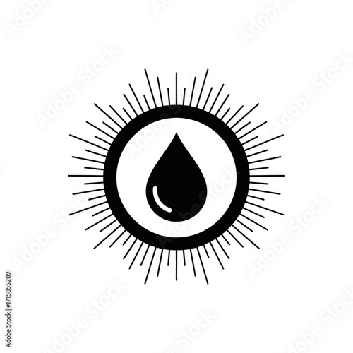 Black teardrop inside a circular emblem with radiating lines