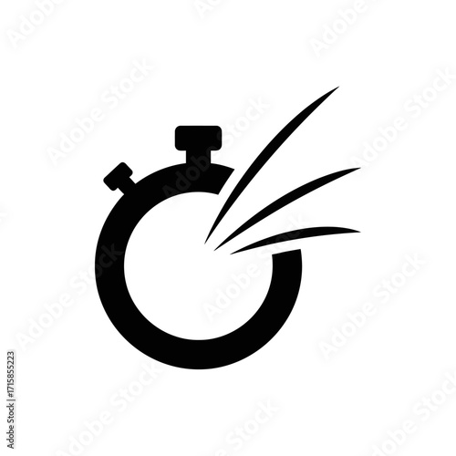 Black Stopwatch Icon with Speed Lines, Time Symbol, Deadline Concept