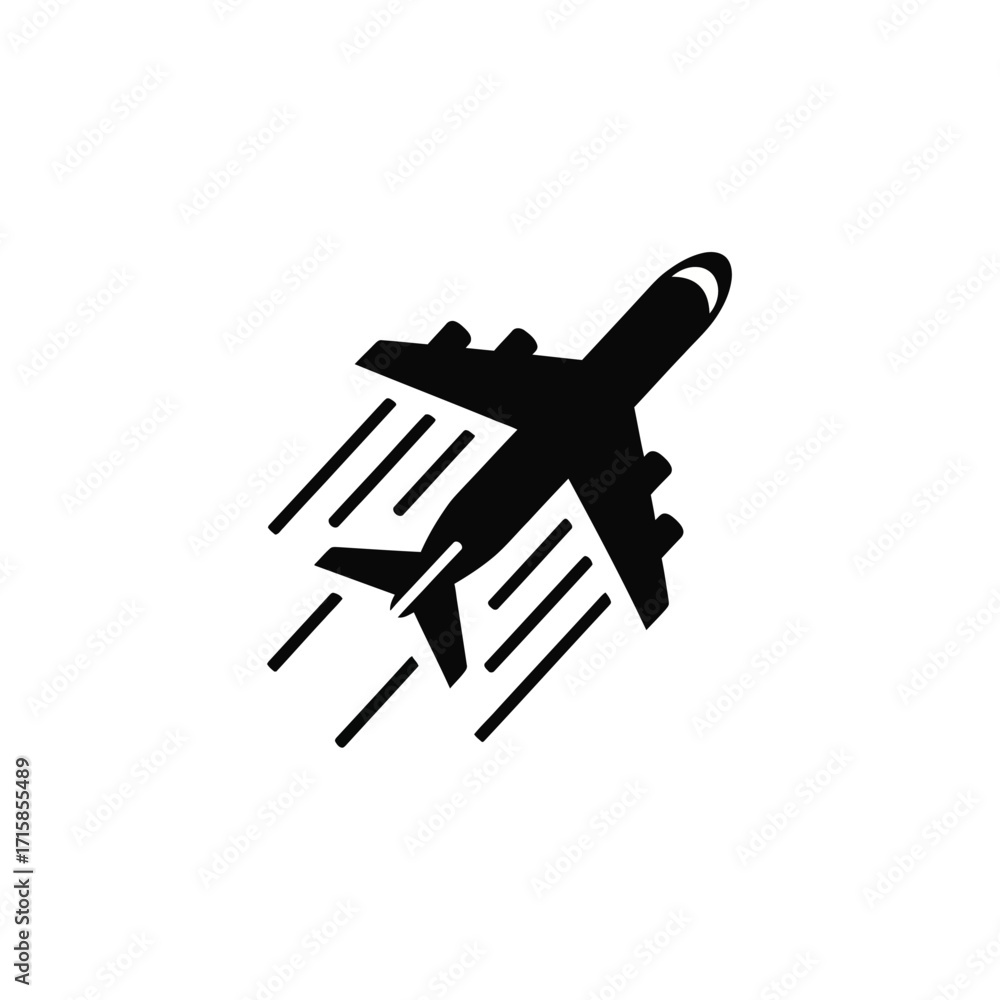 Fototapeta premium Dynamic black airplane icon silhouette ascending with stylized speed lines