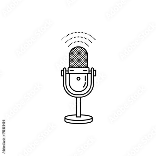 Classic studio microphone outline icon with sound transmission waves, vintage broadcast design.