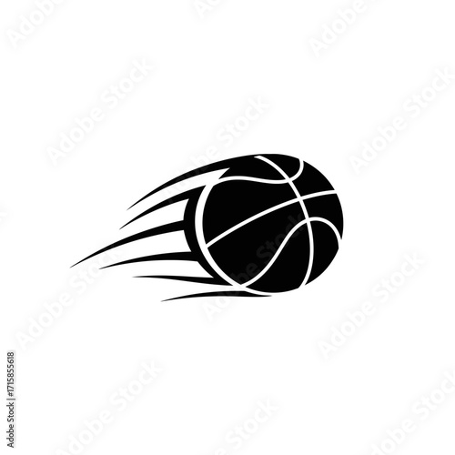 Dynamic black basketball silhouette with stylized motion trails, depicting speed and flight.