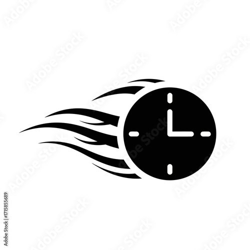 Dynamic black clock icon with flowing speed lines, illustrating fast time passage.