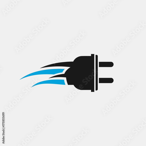 Dynamic black electrical plug icon with blue speed lines, symbolizing fast energy
