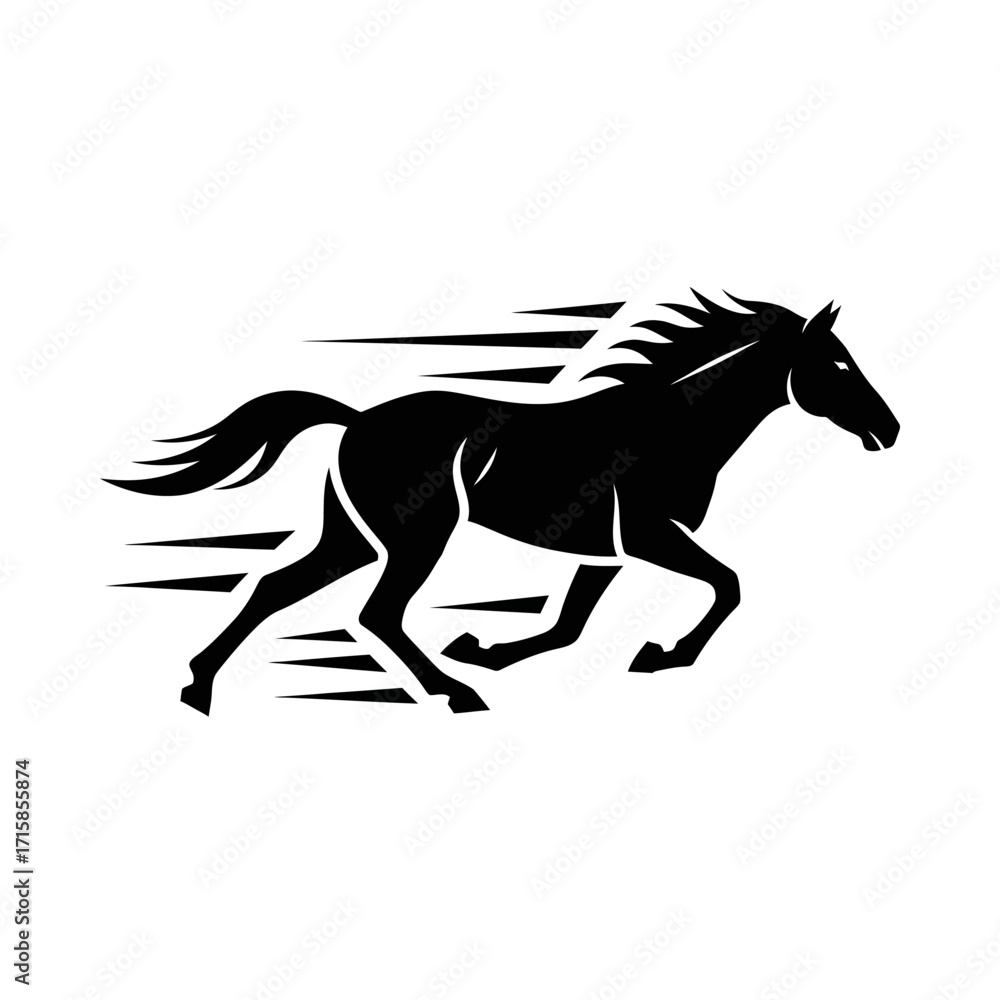 Fototapeta premium Dynamic black silhouette of a powerful galloping horse with speed lines, depicting motion and strength.