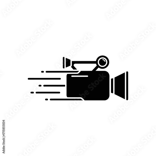 Dynamic black silhouette icon of a video camera with horizontal speed lines, symbolizing fast recording or streaming.