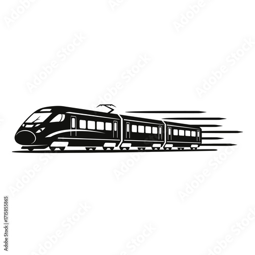 Dynamic black silhouette of a modern high-speed electric train with motion lines.