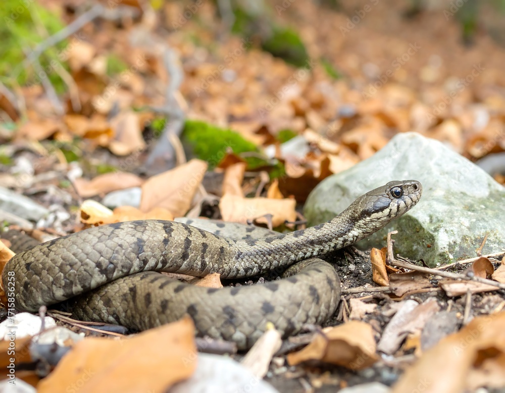 Fototapeta premium Snake slithering through autumnal forest floor
