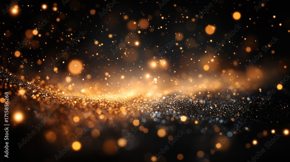 Fototapeta premium Golden glitter sparkle, bokeh lights, dark background.