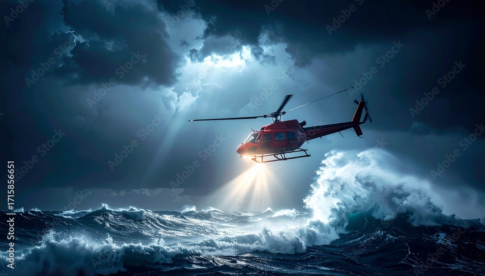 Fototapeta premium A rescue helicopter spotlight searches the waves