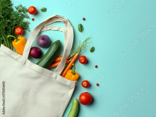 Fresh vegetables and fruits in a reusable bag on a blue background showcasing healthy lifestyle choices