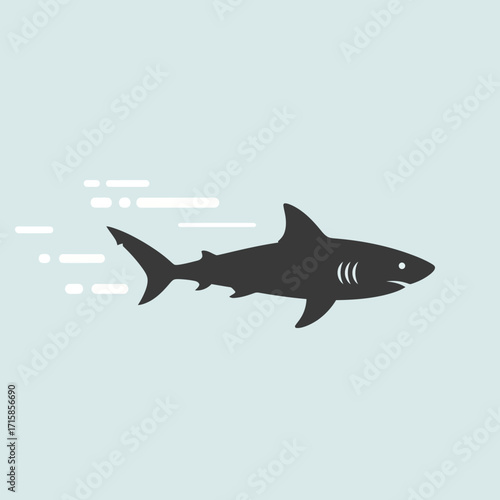 Graphic black shark silhouette swimming, featuring white eye and stylized gill marks