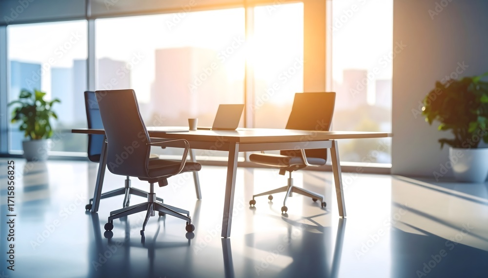 Fototapeta premium Modern Office Meeting Room with Sunlight, Chairs, Table, and City View