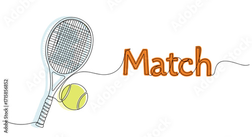 Tennis racket and ball representing excitement of a match with bold lettering