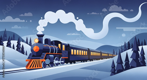 Stylized Winter Train Journey Through Snowy Landscape with Vapor Trails