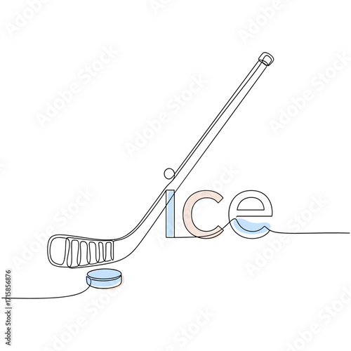 Ice word with hockey stick and puck illustration, sporty mood, minimalist design 