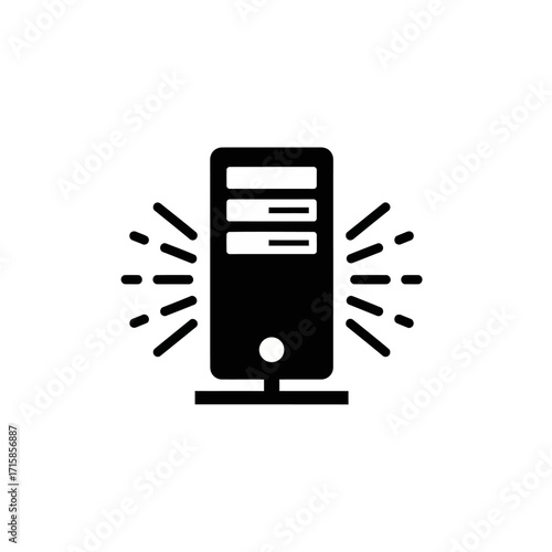 Minimalist black server tower glyph icon with radiating lines indicating data activity.
