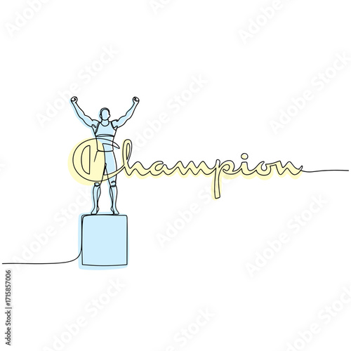 Champion word with victorious athlete illustration, celebratory mood, minimalist design 