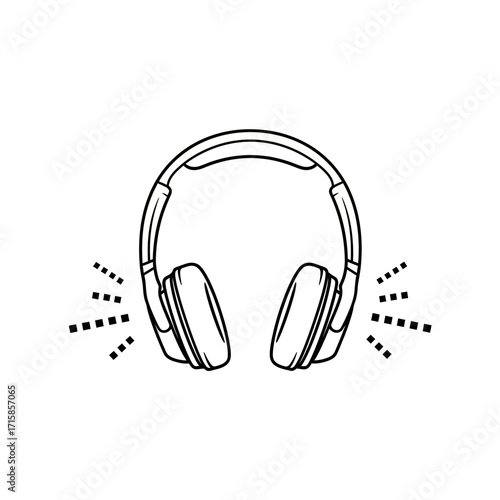 Monochrome line art icon of over-ear headphones with stylized sound waves.