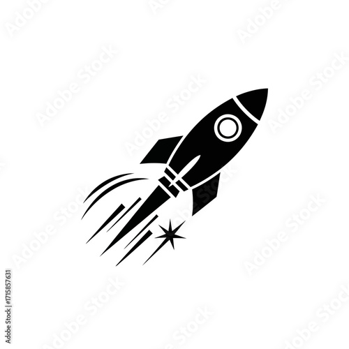 Simple black silhouette icon of a retro rocket ship launching upwards with a stylized exhaust trail and star.