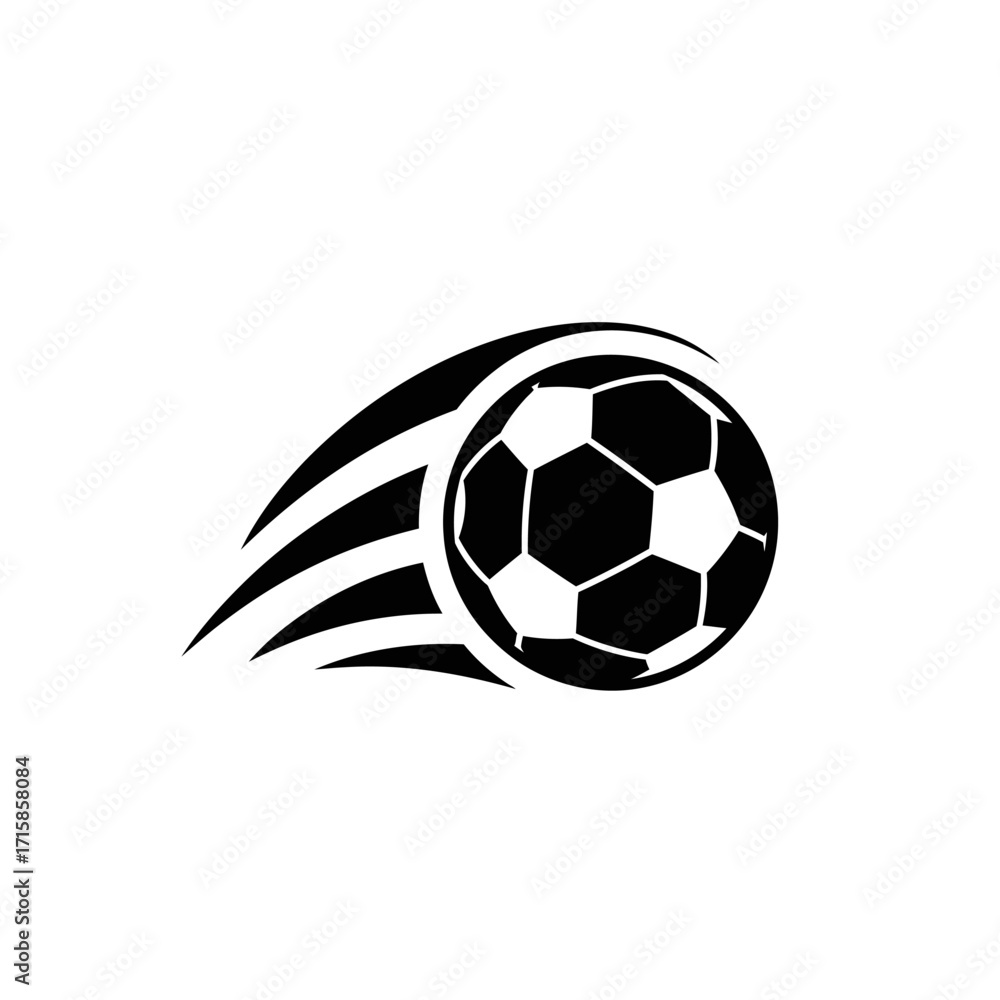 Fototapeta premium Stylized Black and White Soccer Ball with Dynamic Motion Streaks, Graphic Sports Icon