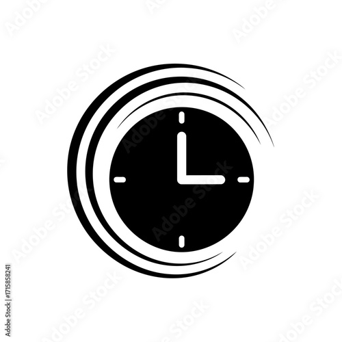 Stylized Black Clock Icon with Circular Motion Lines Design