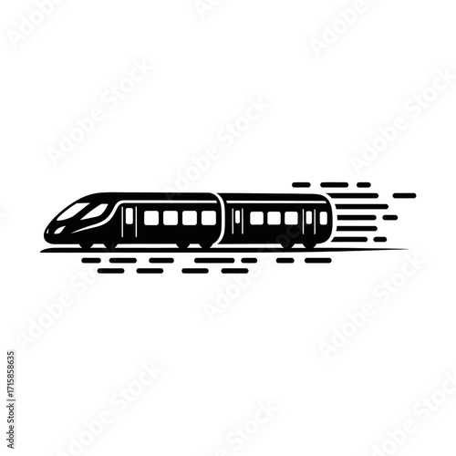 Stylized black silhouette of a modern high-speed train with motion lines, depicting rapid movement.