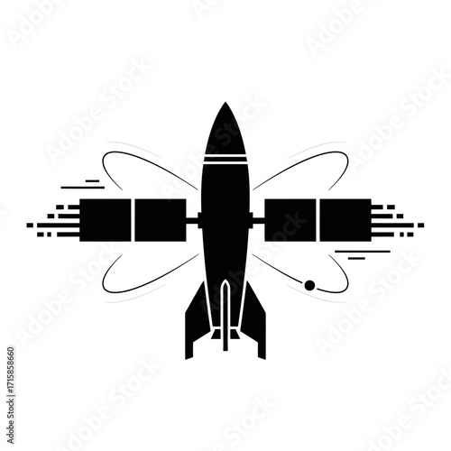 Stylized Black Silhouette of a Rocket with Satellite and Orbiting Elements