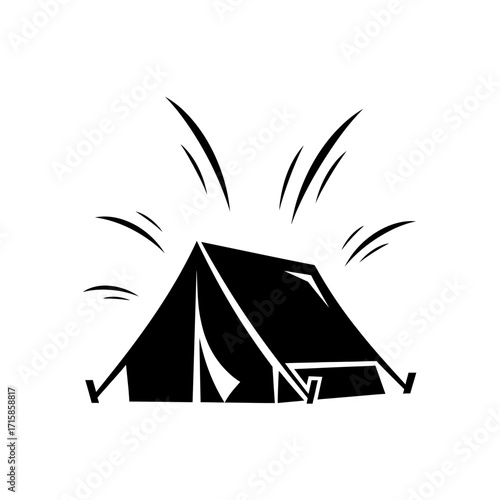 Stylized Black Tent Icon with Decorative Lines Above, Camping Symbol