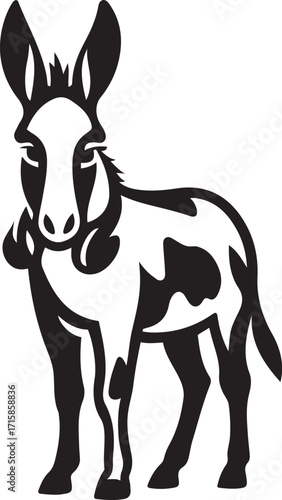 Donkey with spots black and white vector, Farm animal donkey illustration graphic