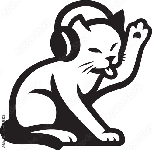 Cat wearing headphones licking paw vector, Cute kitten music illustration design