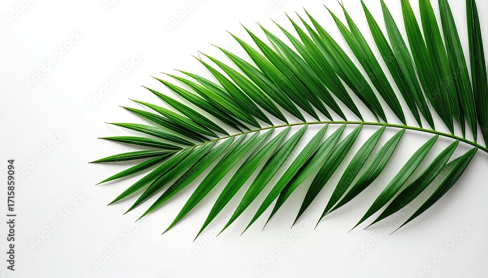 Obraz premium Single vibrant green palm frond, meticulously arranged against a stark white backdrop, showcasing its detailed leaflet structure and subtle shadow