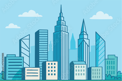 Cartoon city skyline background with skyscrapers,