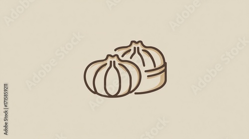 Simple line art illustration of two steamed buns, one beside a slightly larger one nestled in a small container, depicted in muted brown tones against a light beige backdrop