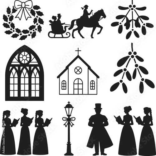 Christmas Carolers and Church Vector – Holiday Silhouette Collection
