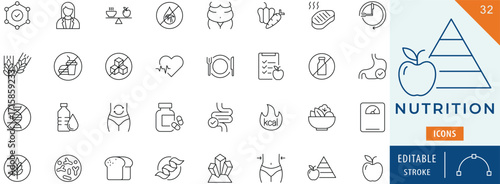 Nutrition icon collection set. Editable stroke.