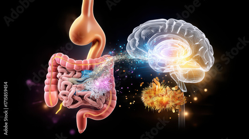 Anatomical illustration depicting the connection between the human brain and digestive system with visual effects and vibrant colors