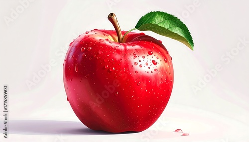 A vibrant red , glistening with water droplets, rests against a neutral backdrop, showcasing its smooth texture and a fresh green leaf.