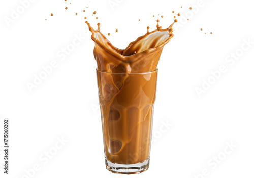 Принти на полотні Isolated ice coffee drink splashing upwards in a clear glass, refreshment bevera
