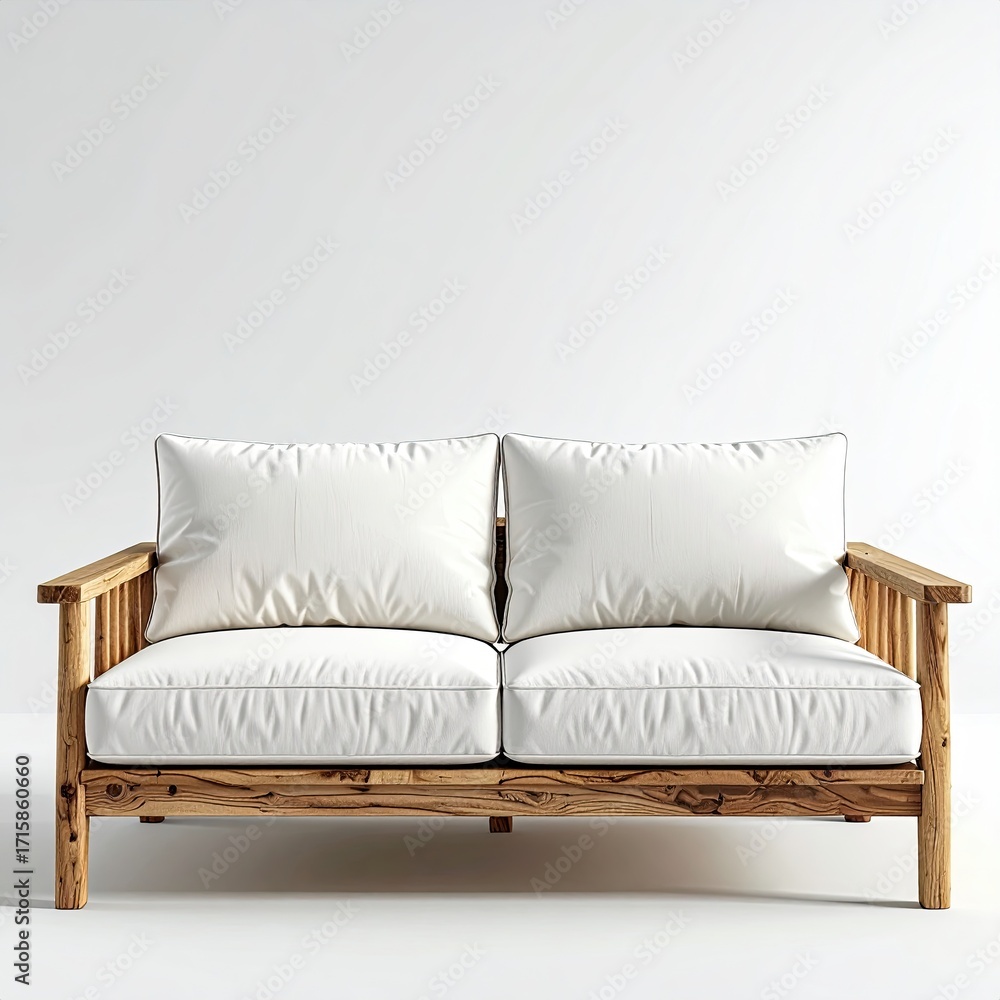 Obraz premium A minimalist two-seater sofa with a light wood frame and off-white cushions, set against a plain white background