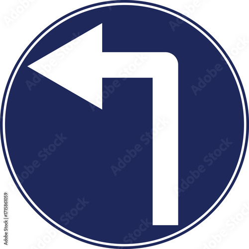 left turn mandatory traffic sign on blue circular background indicating directional road use instruction