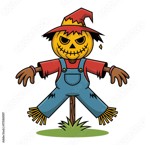 Spooky scarecrow mascot, pumpkin head grin, ragged hat, red shirt, denim overalls, field grass, Halloween theme vector artwork
