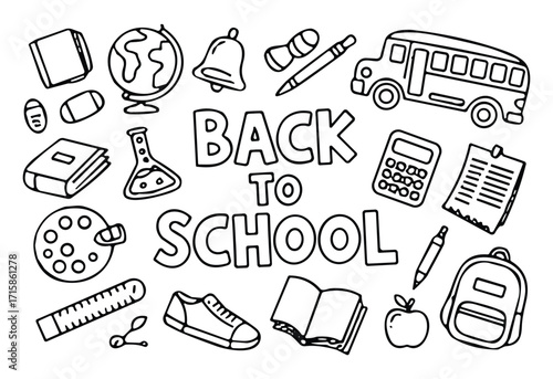 Back to school doodle illustration with books, pencils, school bus, globe, and stationery in hand drawn sketch style education design