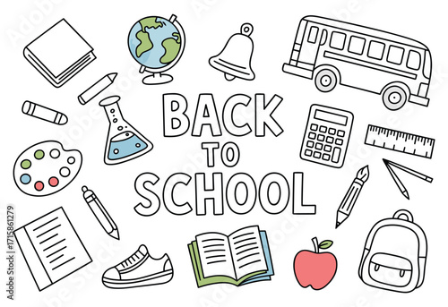 Back to school doodle illustration with books, pencils, school bus, globe, and stationery in hand drawn sketch style education design
